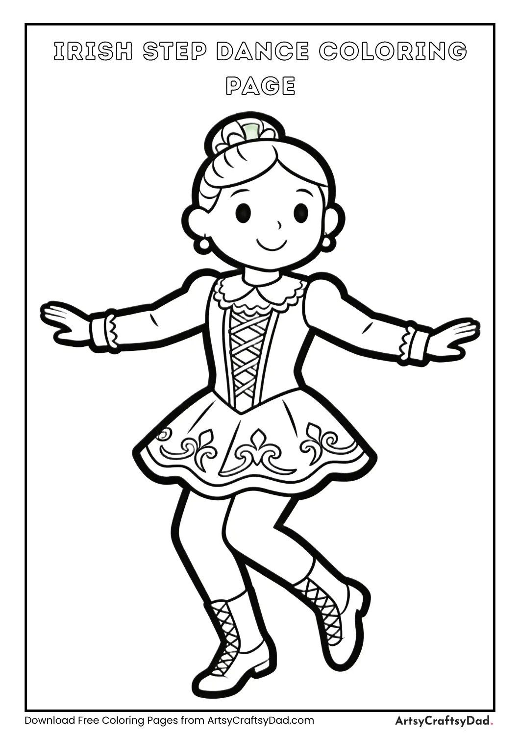 Irish dancer performing traditional step dance, black and white coloring page for kids.