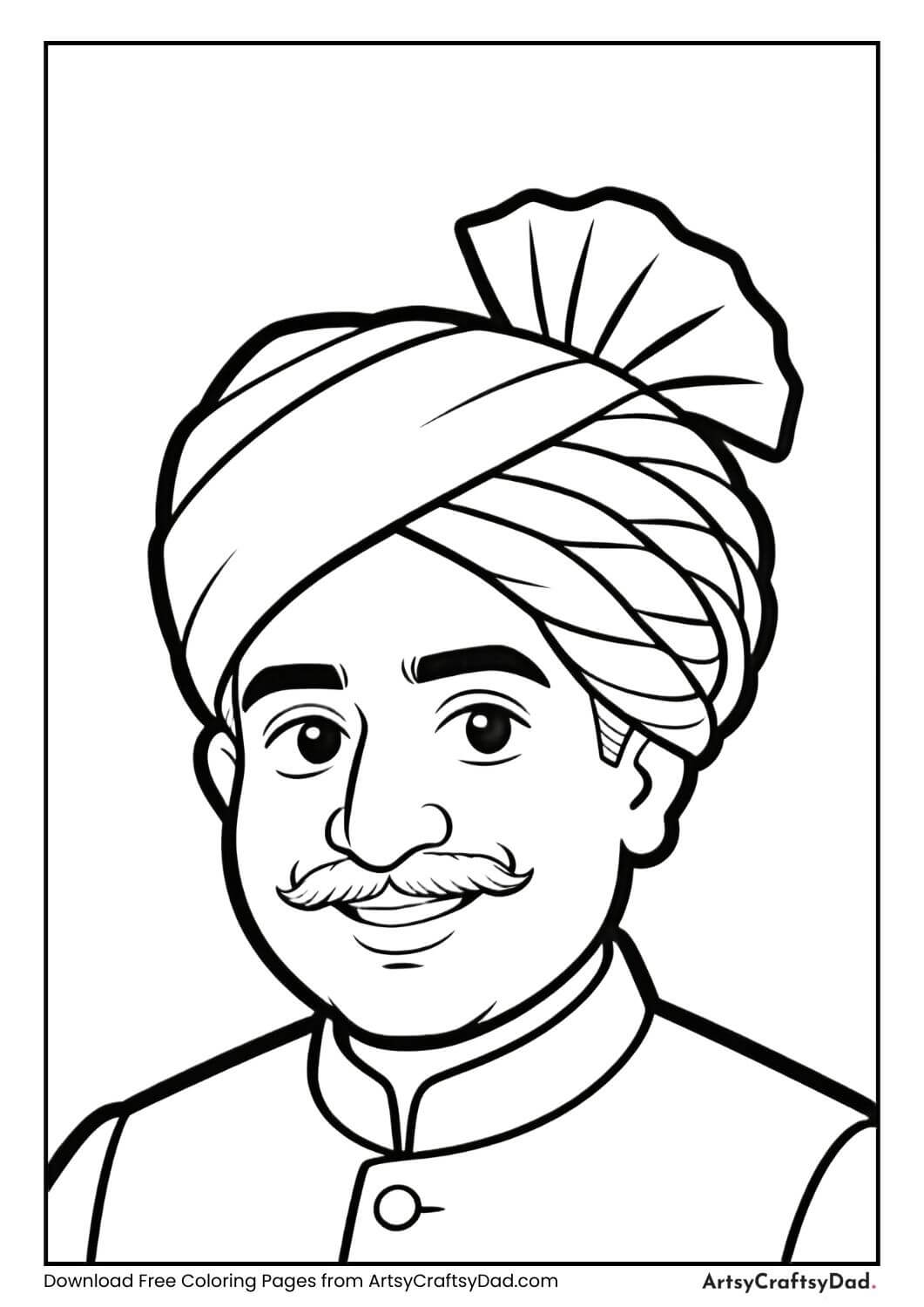 Black and white coloring page of Lala Lajpat Rai wearing a turban