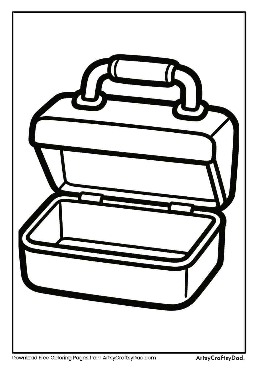 Black and white coloring page of a school lunch box