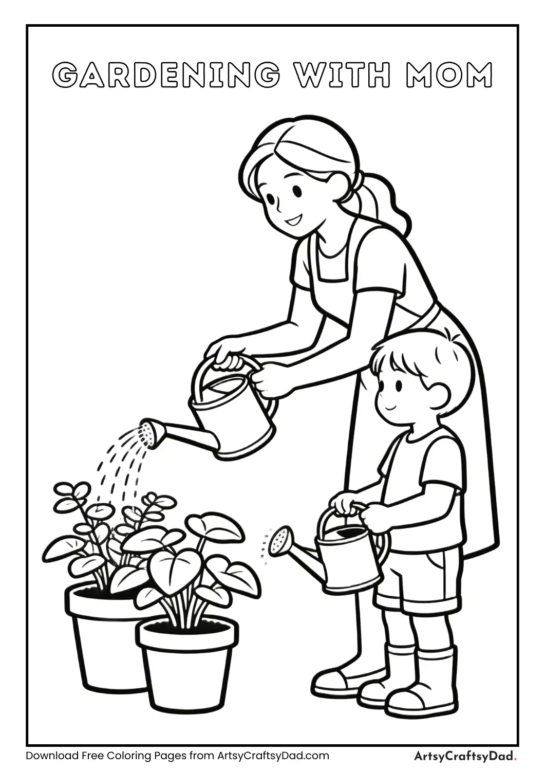 Black and white coloring page of mom gardening with child