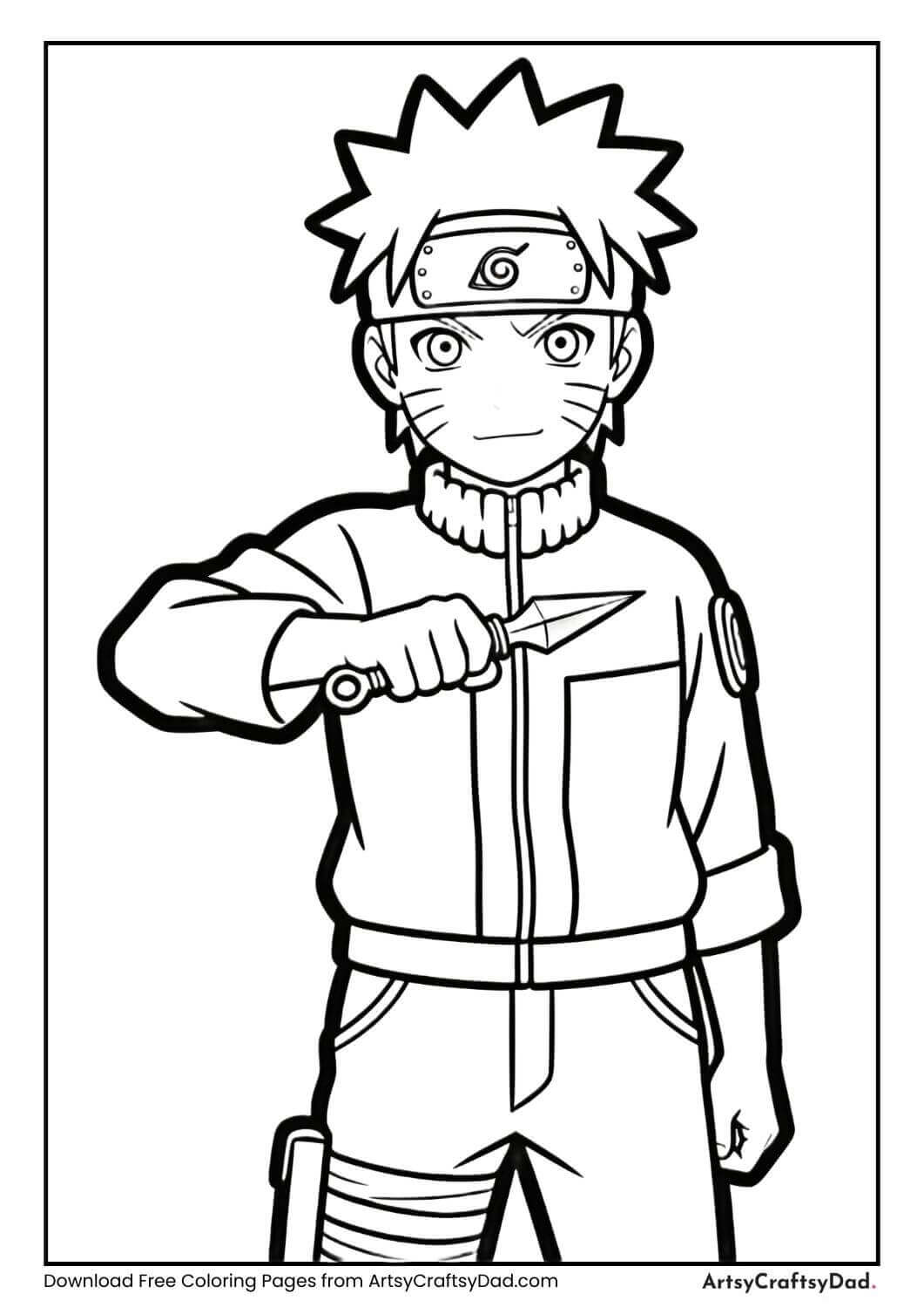 Naruto holding a small kunai, black and white coloring page