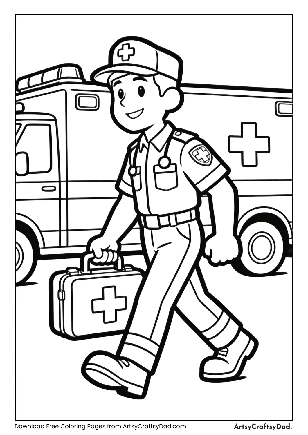 Paramedic carrying medical kit coloring page