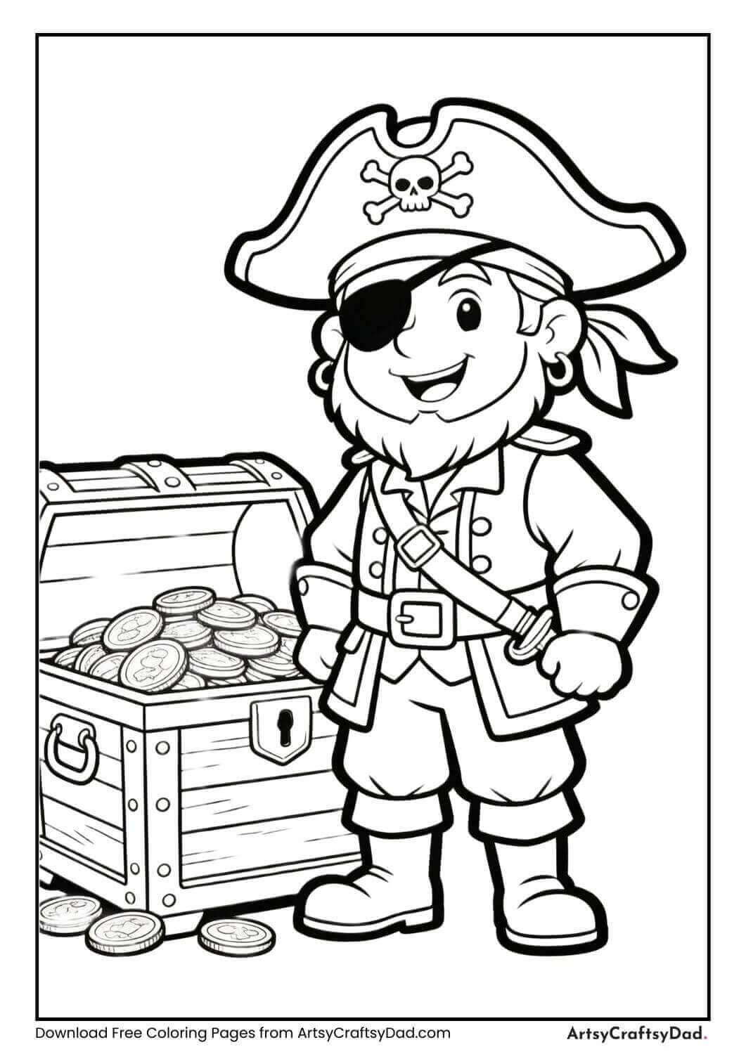 Pirate standing beside a treasure chest coloring page