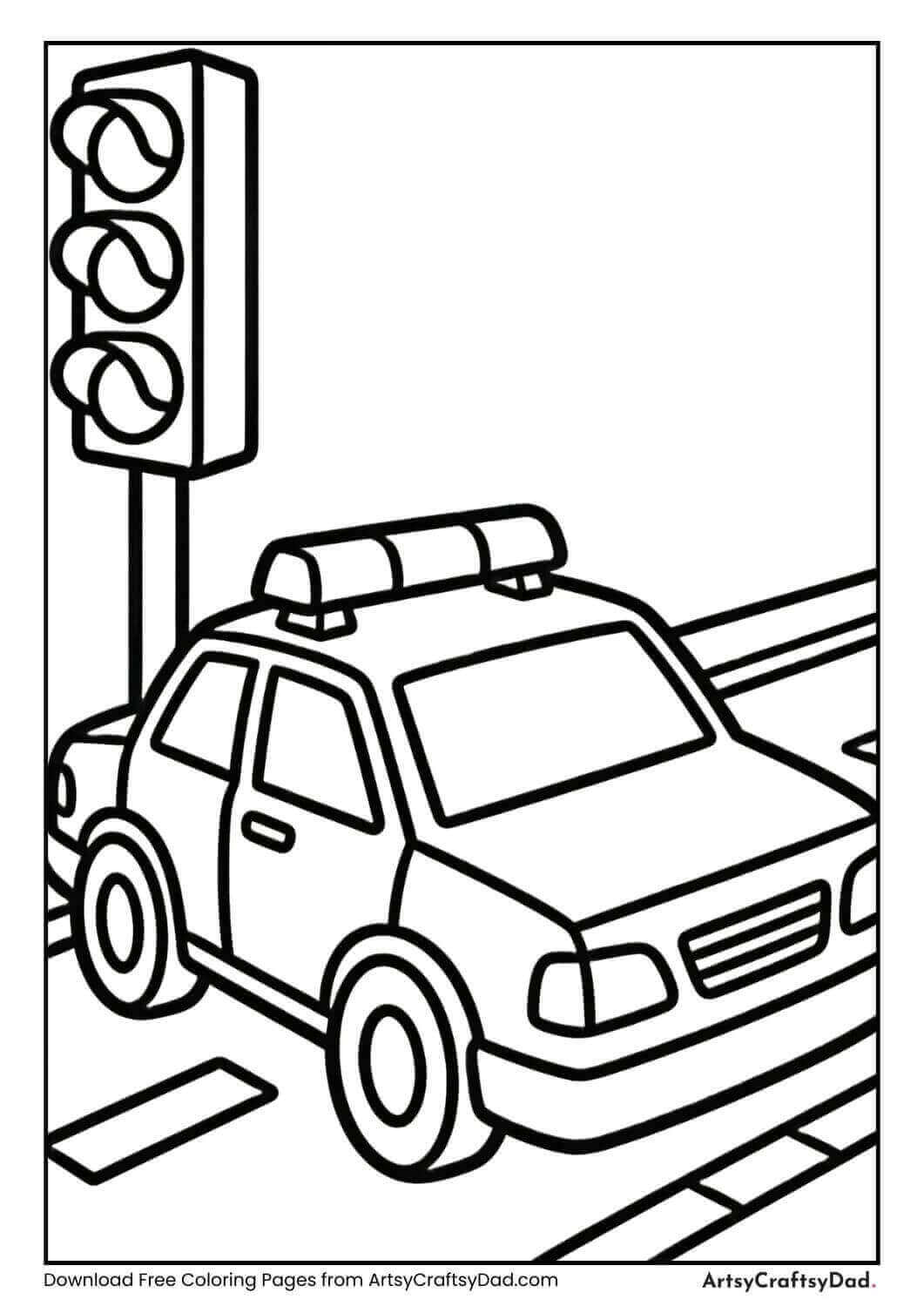 Police car near traffic signal coloring page