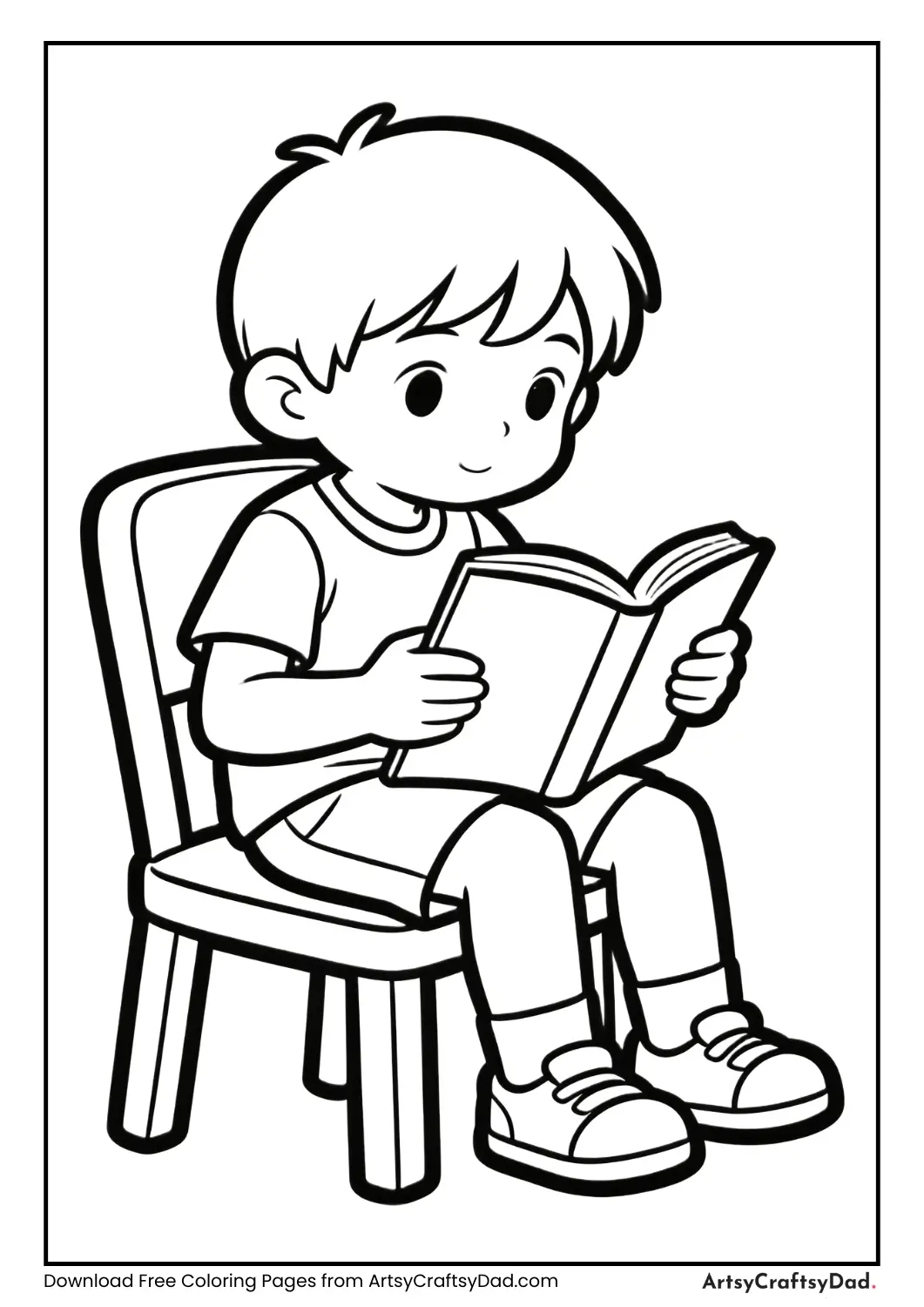 Child reading a book quietly good habits coloring page