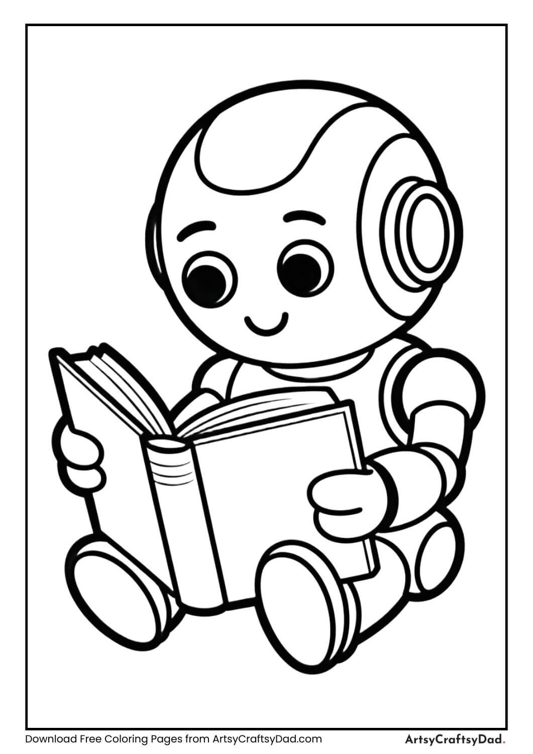 Robot reading a book with a cute expression
