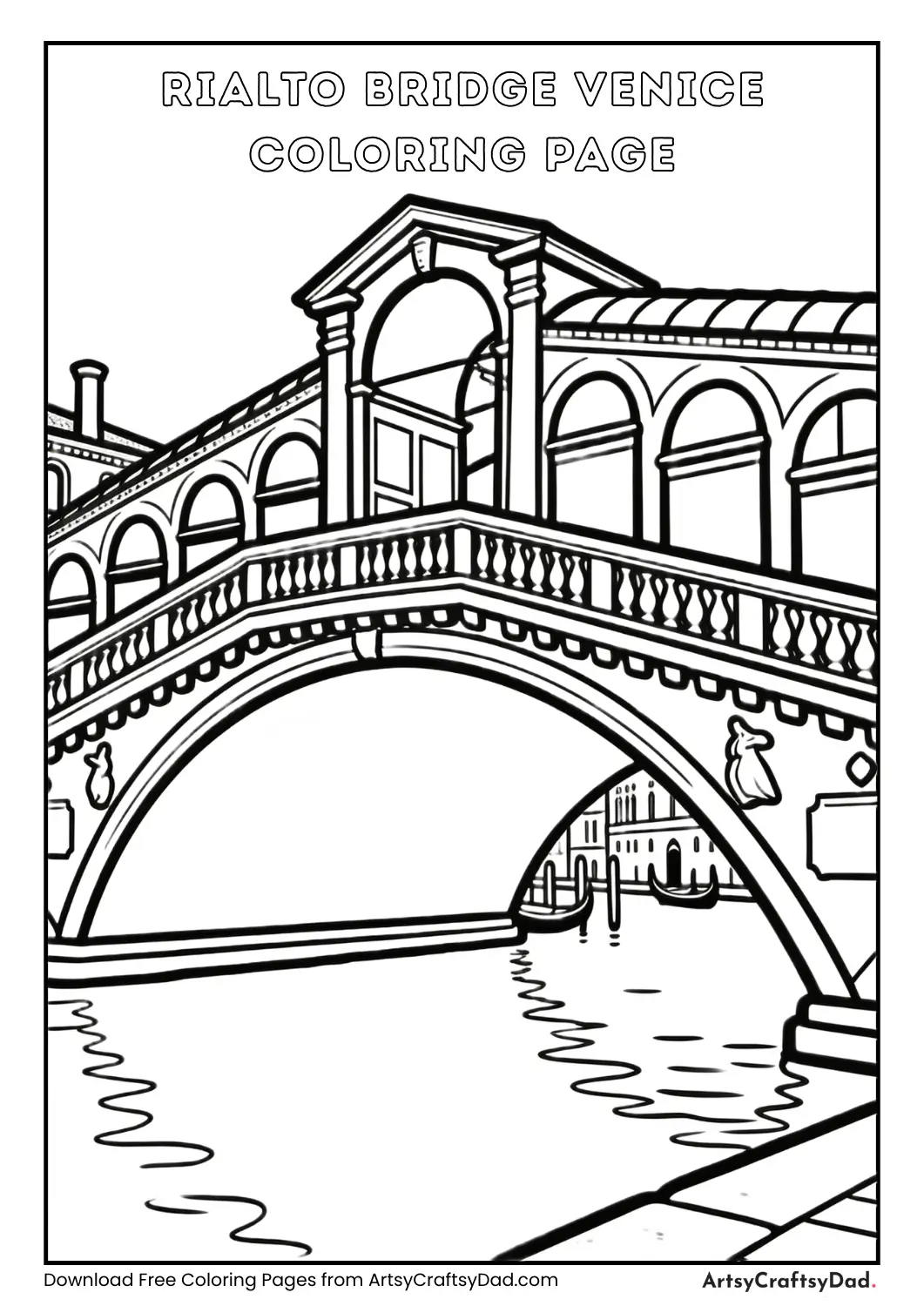 Black-and-white outline of Rialto Bridge in Venice for kids