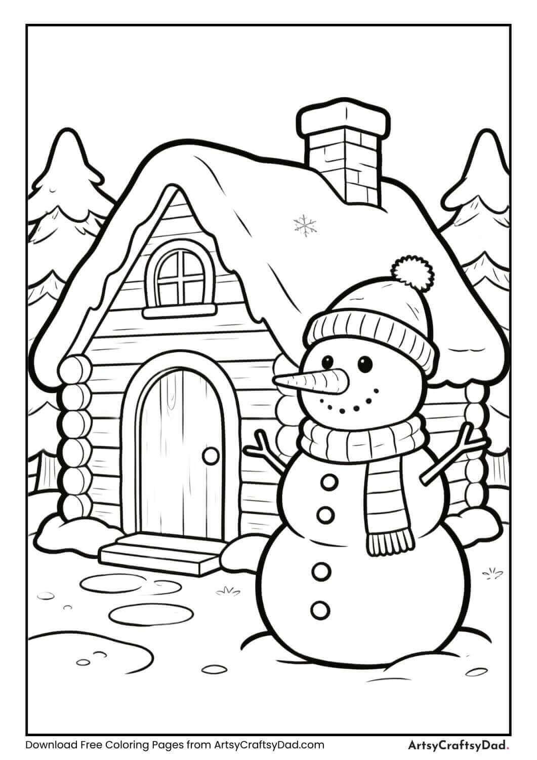 Snowman with carrot nose and hat near cabin