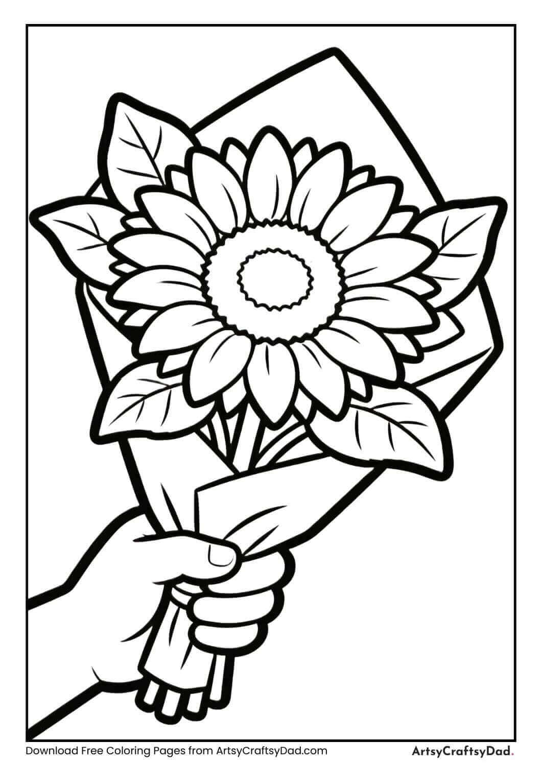 Sunflower bouquet black and white coloring page for children