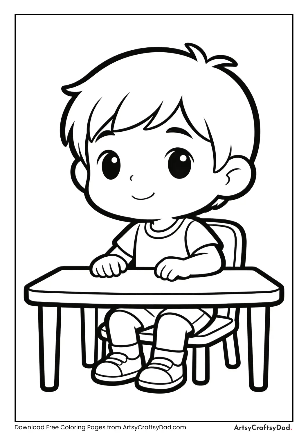 Child sitting neatly at the table coloring page