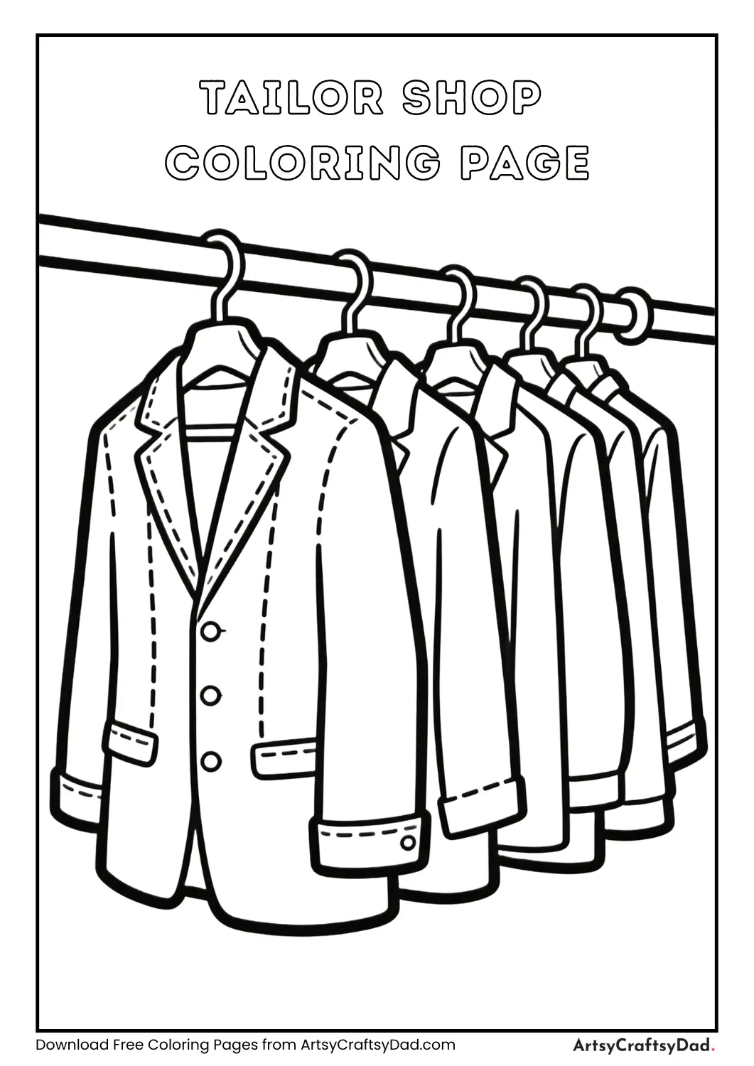 Tailor shop with stitched clothes hanging coloring page