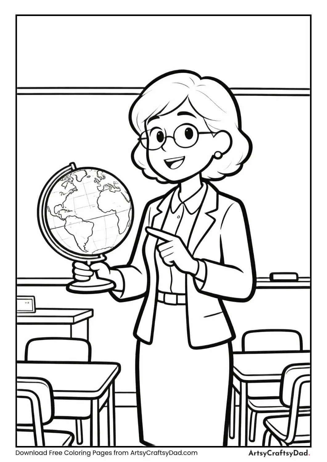 Teacher teaching geography with globe coloring page
