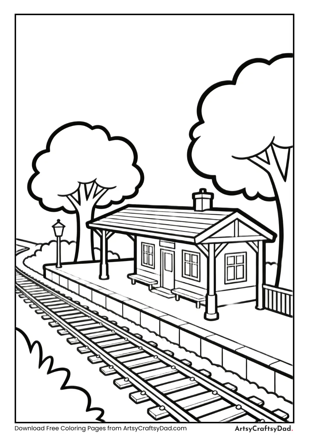 Village railway station with trees coloring page