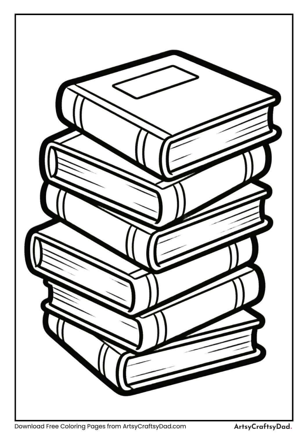 Black and white coloring page of a stack of school books