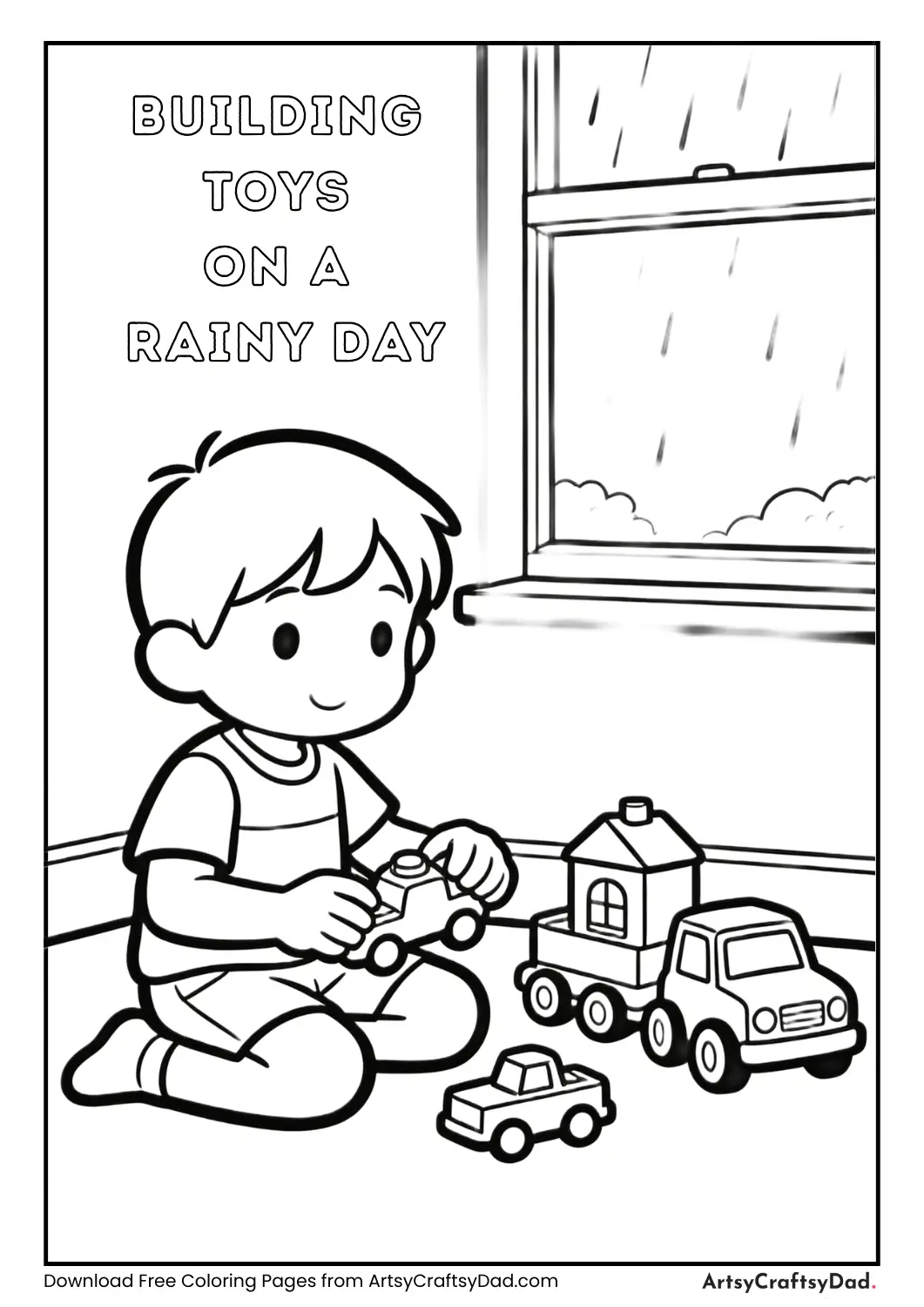 Child playing with blocks indoors coloring page