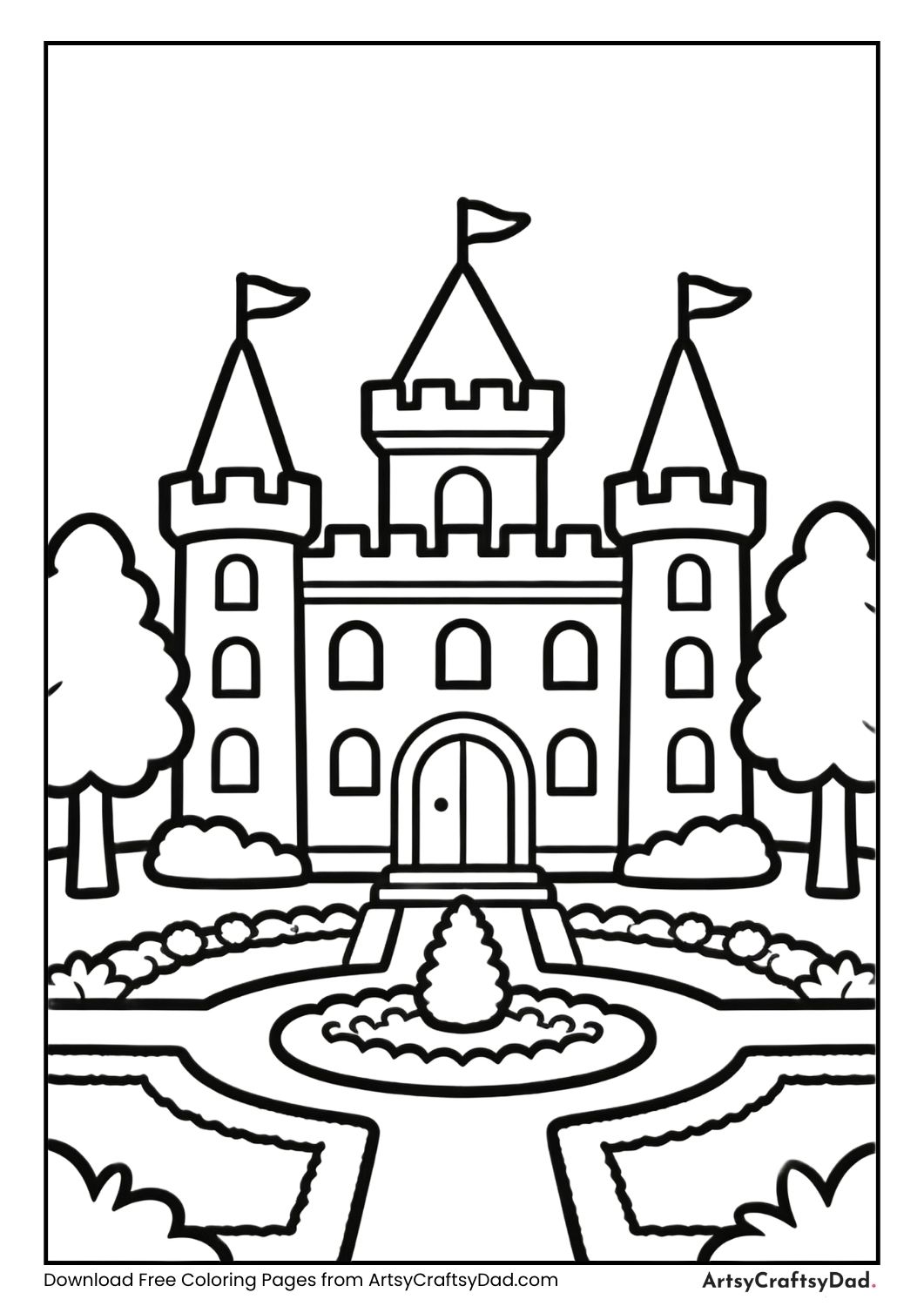 Castle with garden black and white coloring page