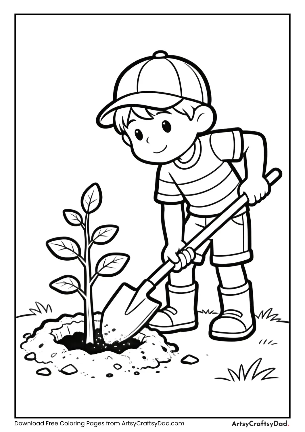 Child digging a hole for a sapling in soil