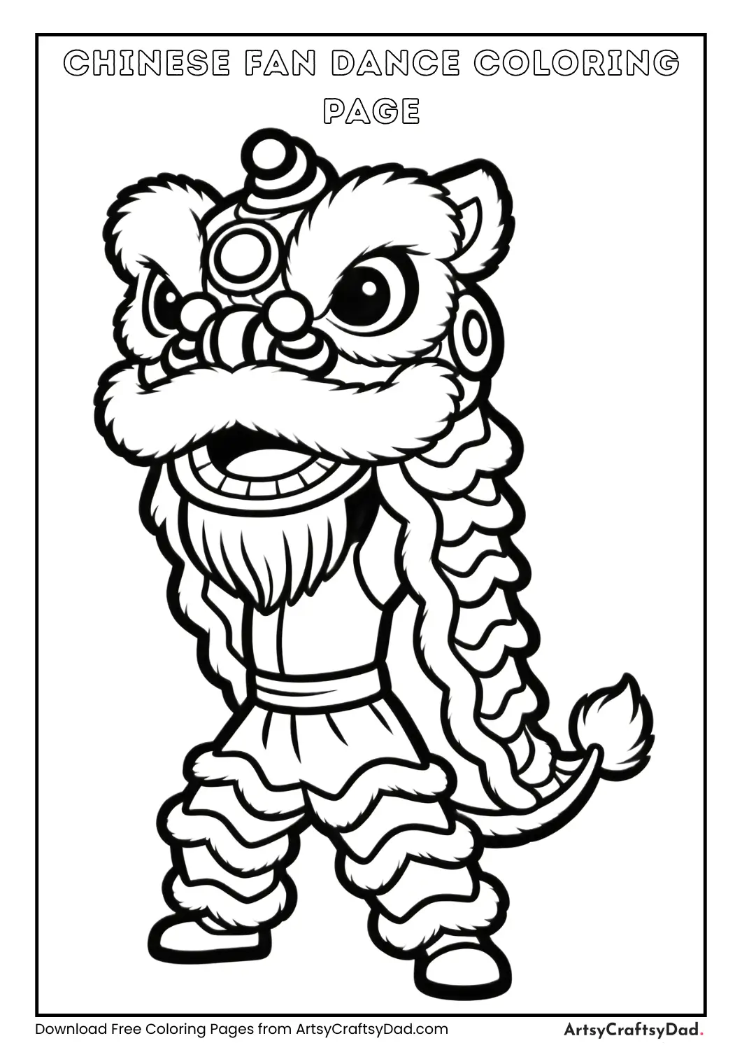 Chinese dancer performing fan dance, black and white coloring page for kids.