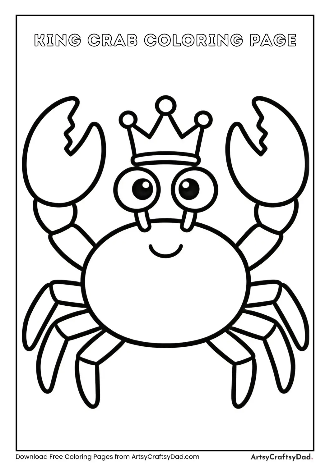Cartoon crab wearing crown black and white coloring page