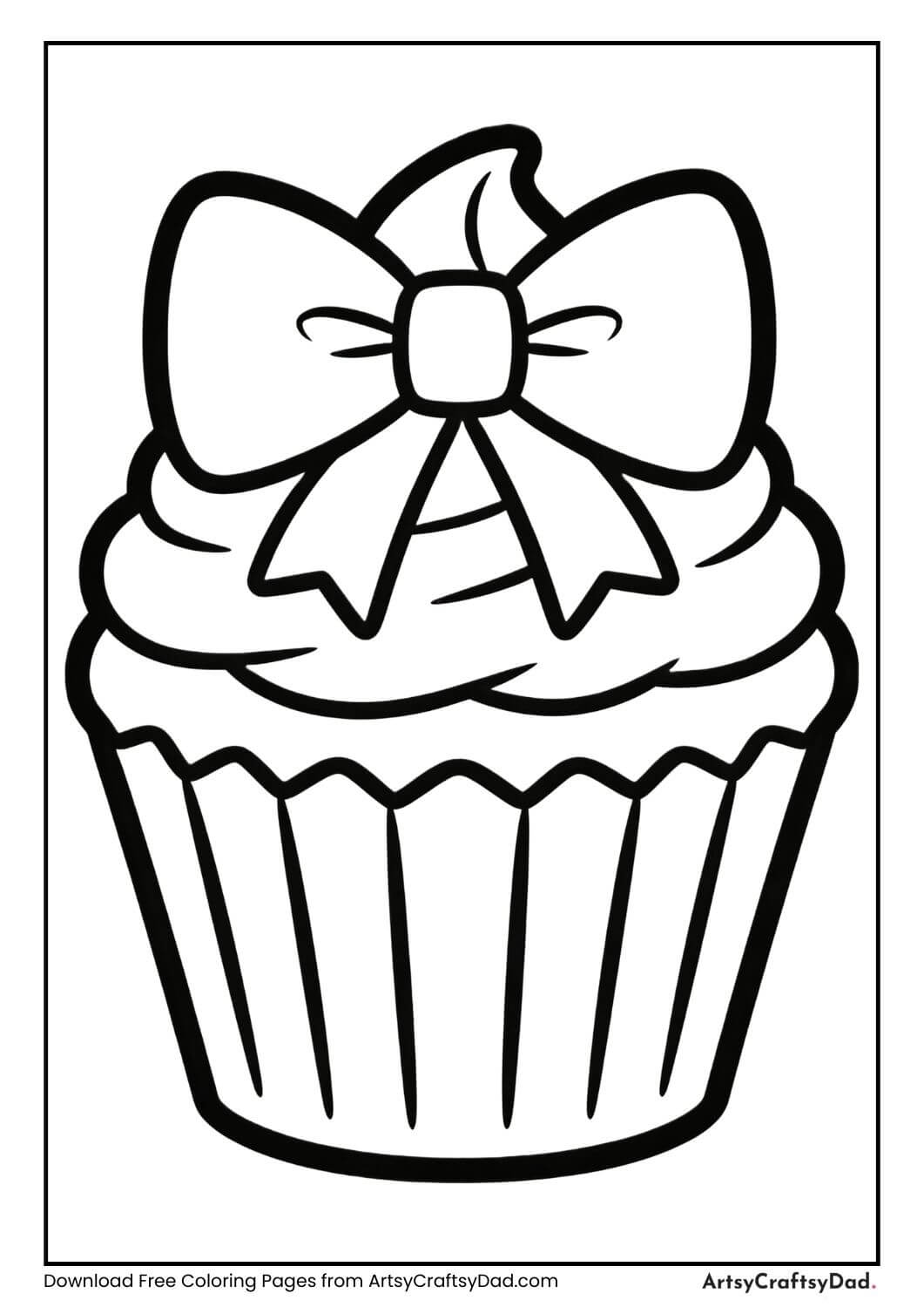 Cupcake with bow on wrapper black and white coloring page