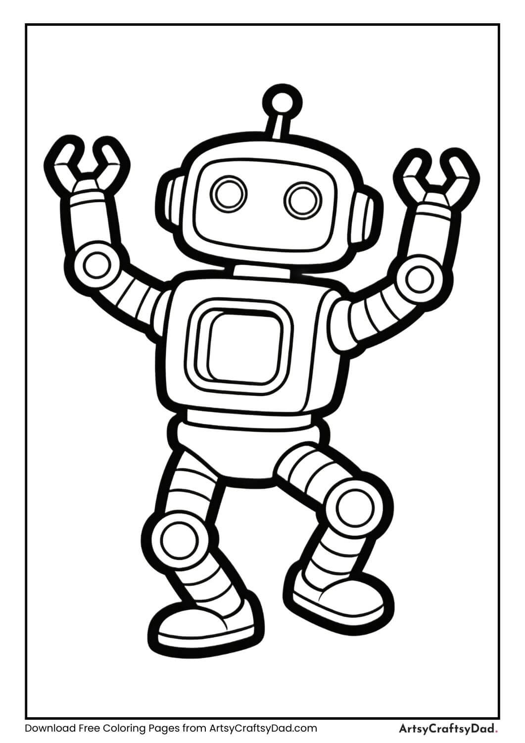 Robot dancing with raised arms and rounded edges