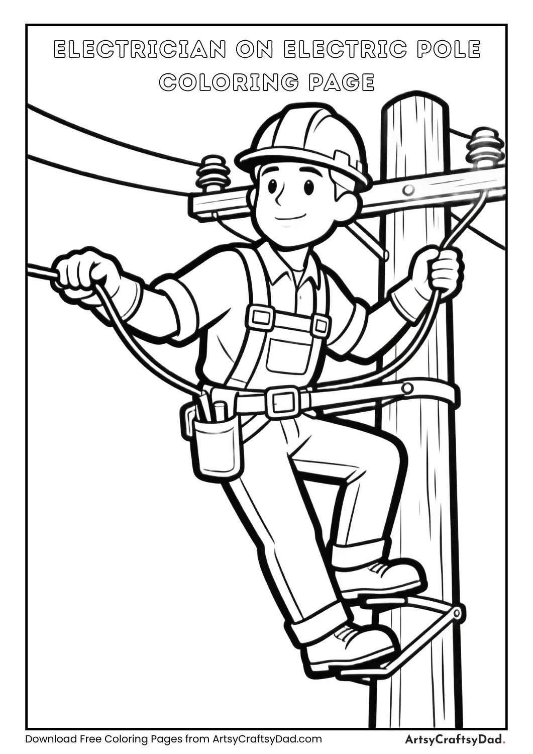 Electrician working on electric pole coloring page