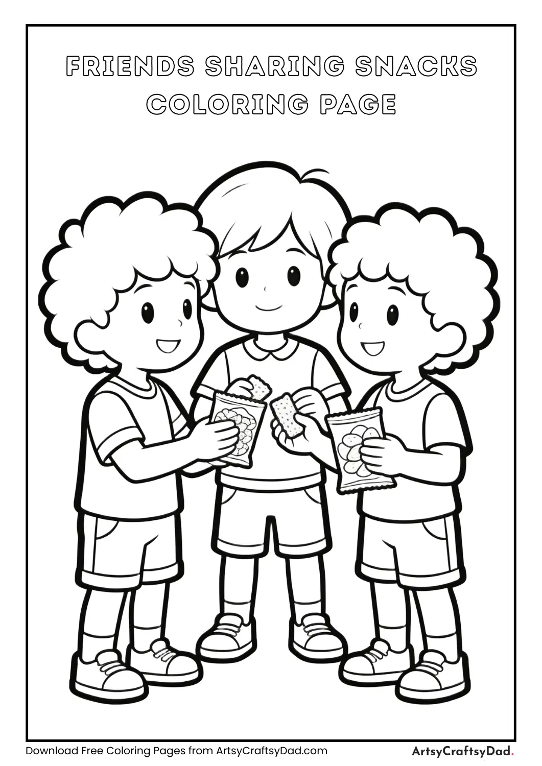 Black and white coloring page of friends sharing snacks