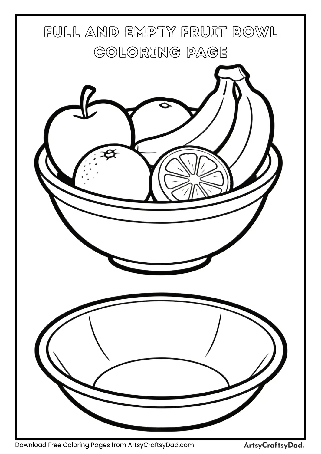 A bowl full of fruits beside an empty bowl for coloring.