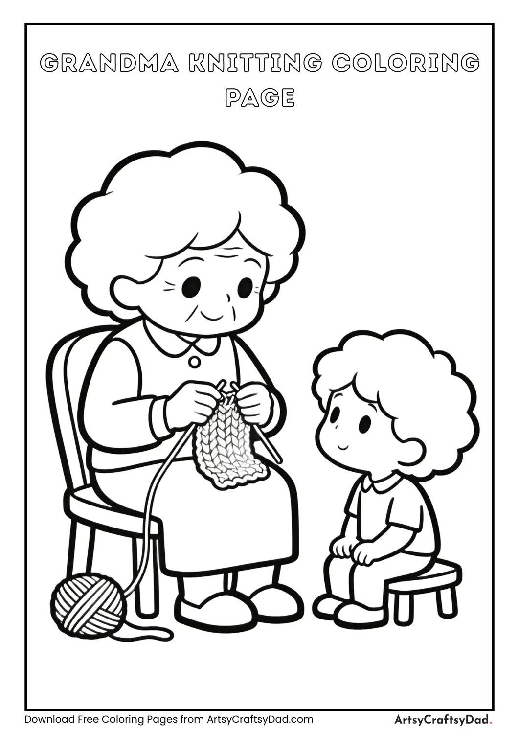 Grandma knitting while grandchild watches coloring page