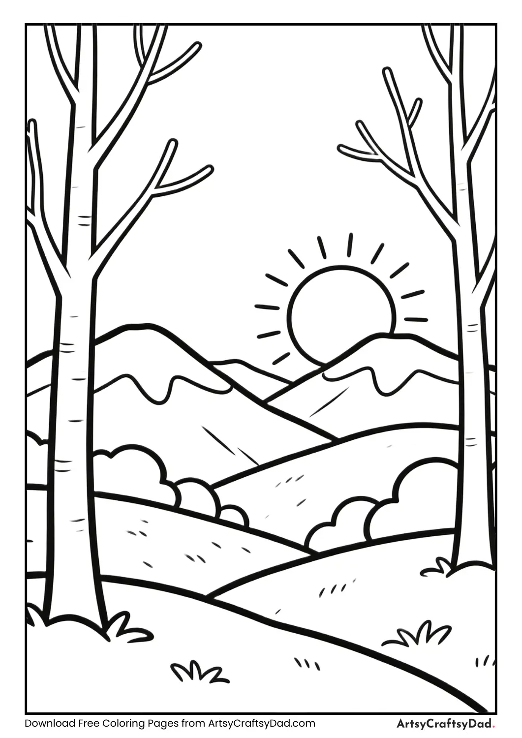 Coloring page of a lake in a hill station with boats, trees, and hills.