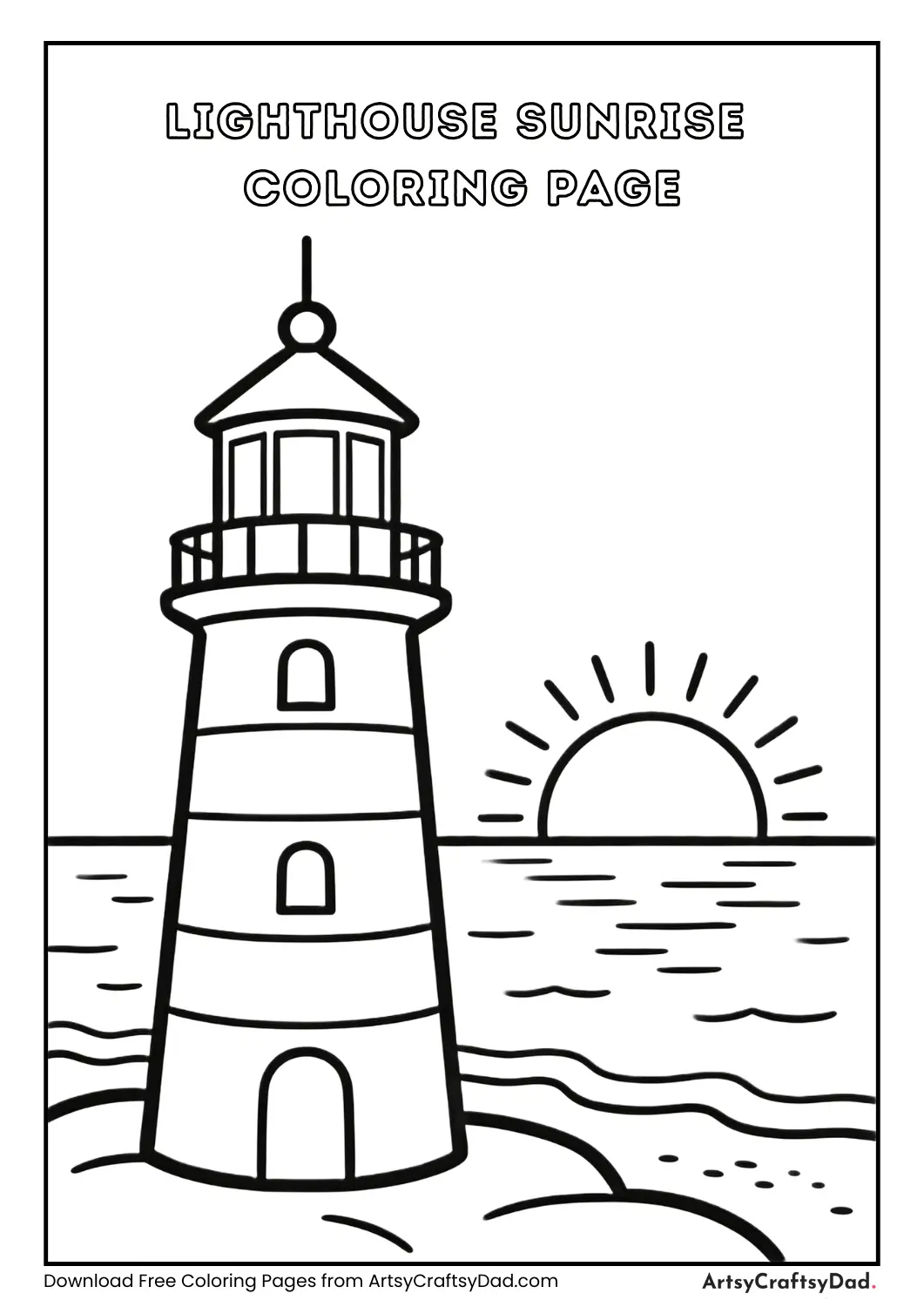Sunrise near lighthouse coloring page for children