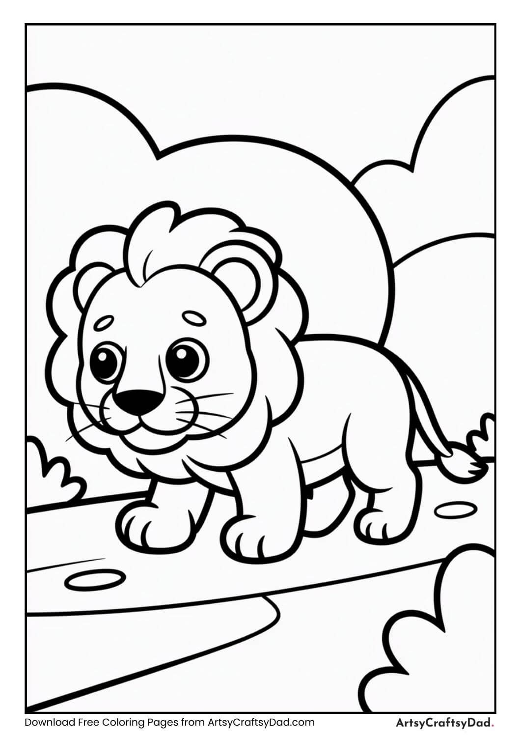 Cute lion walking on path coloring page