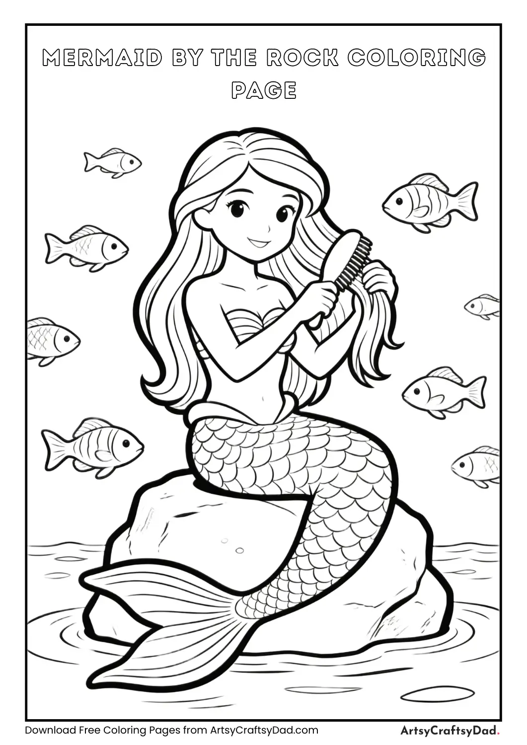 Mermaid brushing hair on a rock with fish swimming around coloring page.