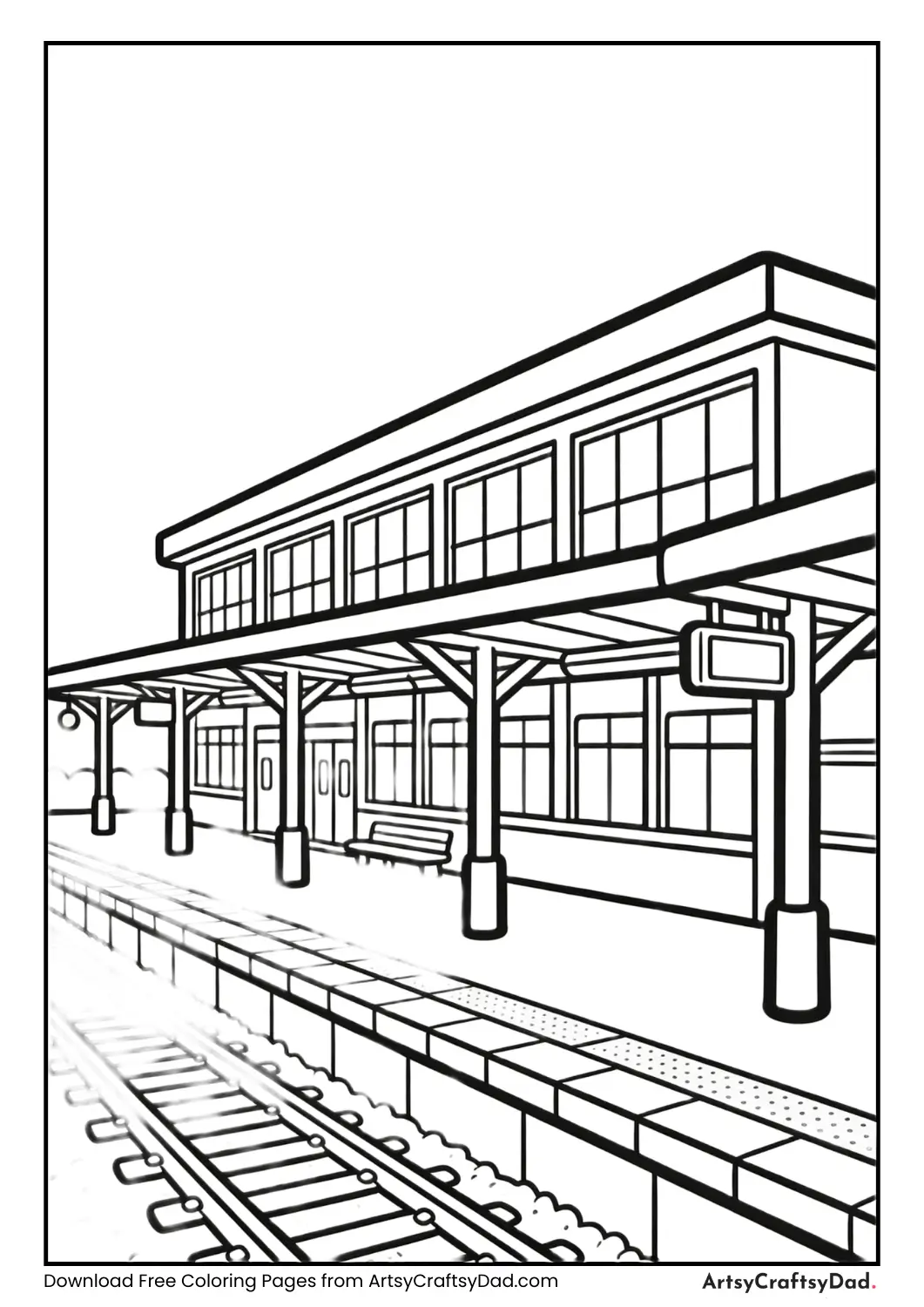 Modern railway station building coloring page