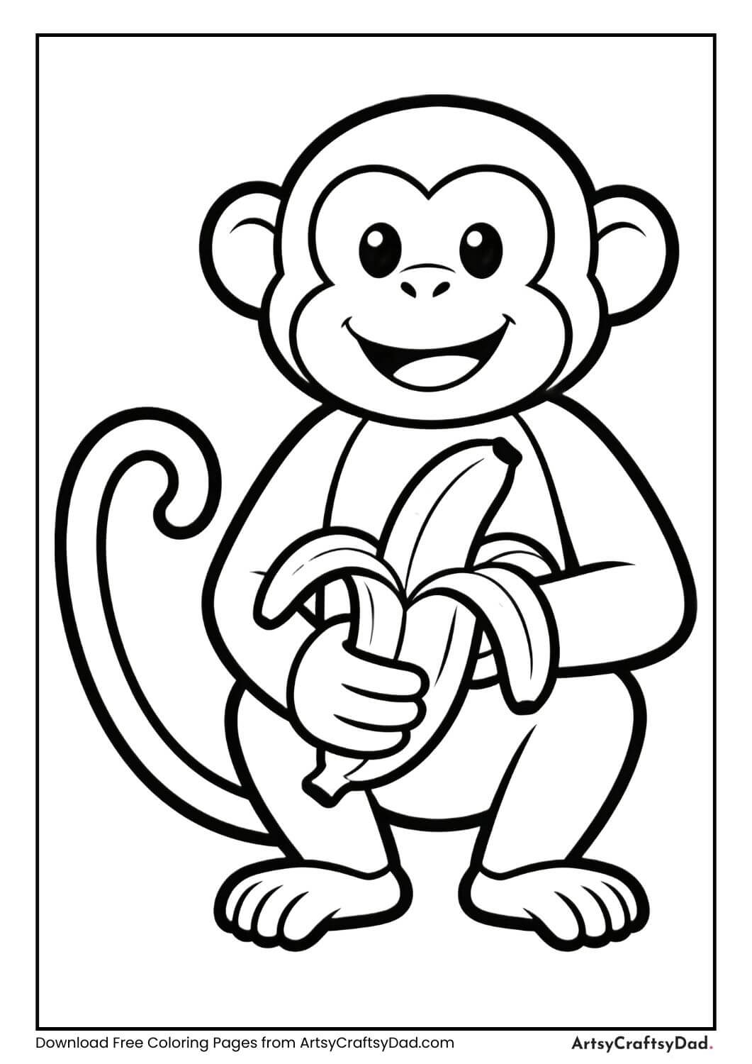 Monkey holding bananas black and white coloring page
