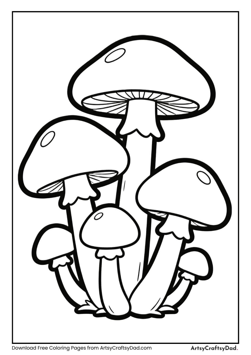 Simple mushroom cluster coloring page in black and white.