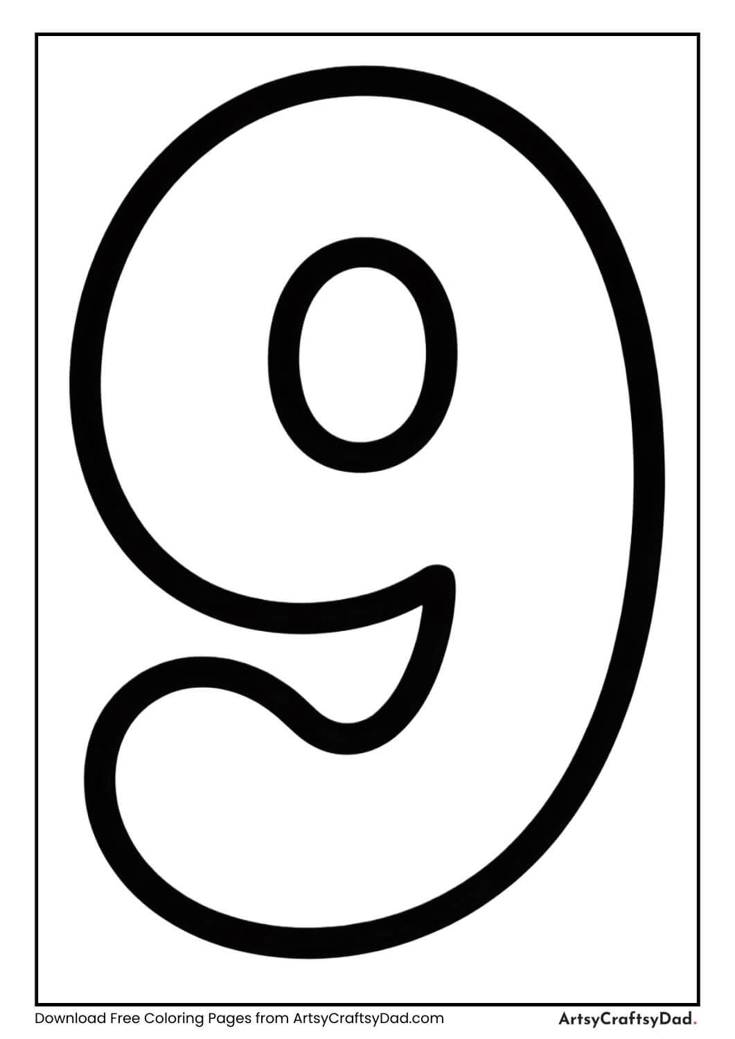 Rounded number 9 black and white coloring page