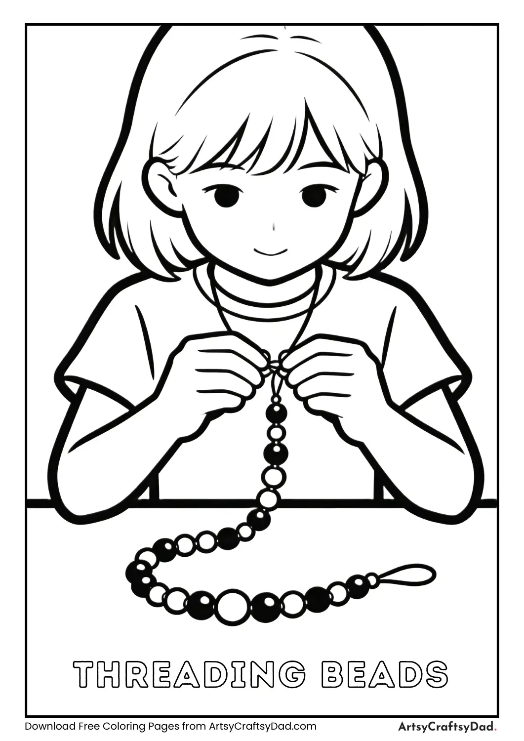 Girl threading beads on a necklace slowly