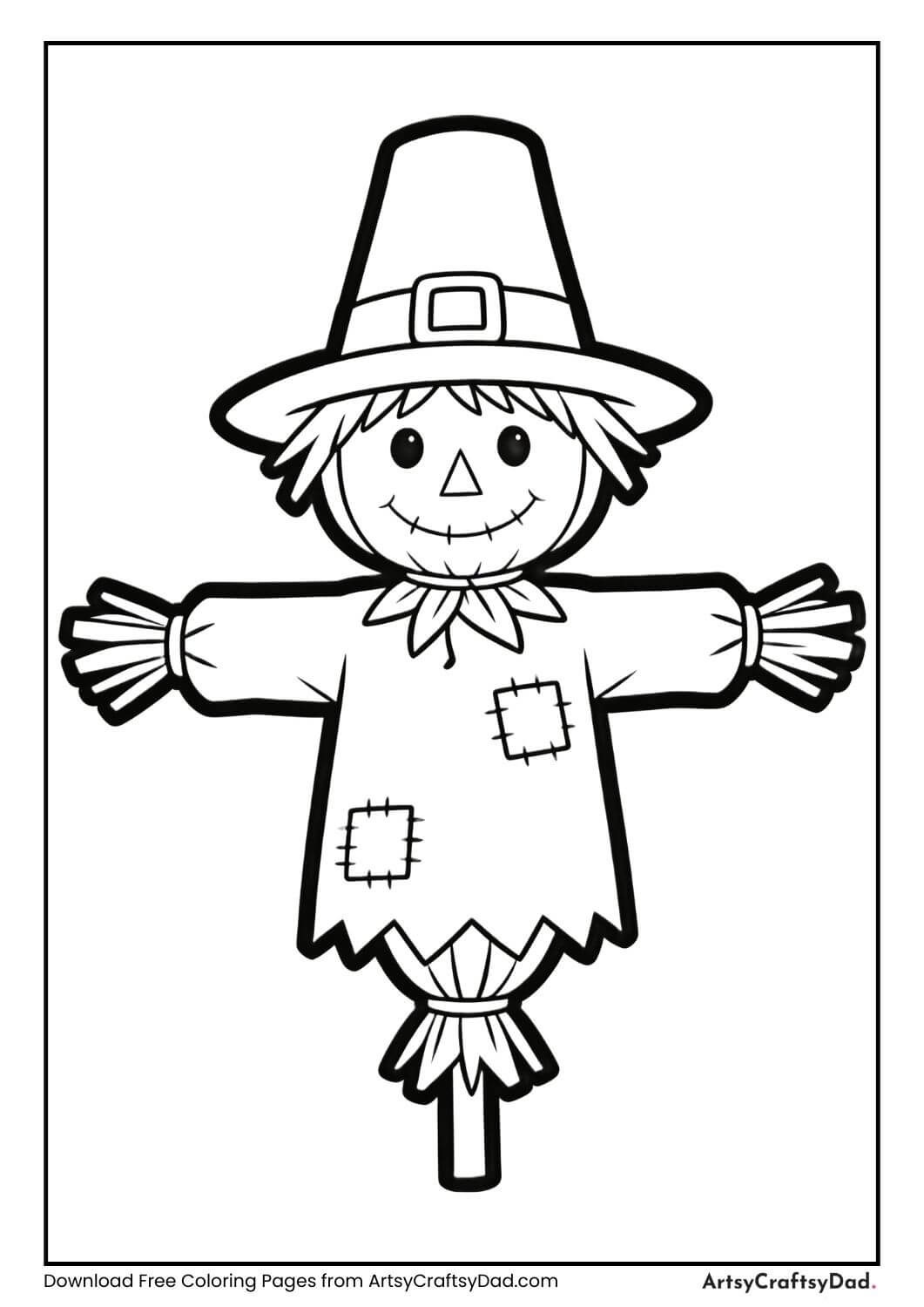 Scarecrow wearing pilgrim hat coloring page