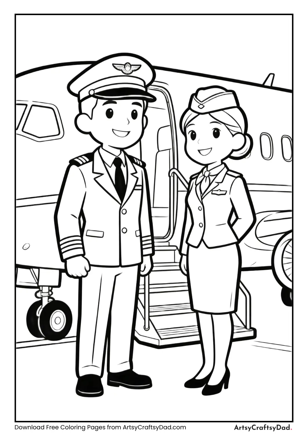 Pilot and cabin crew near airplane coloring page
