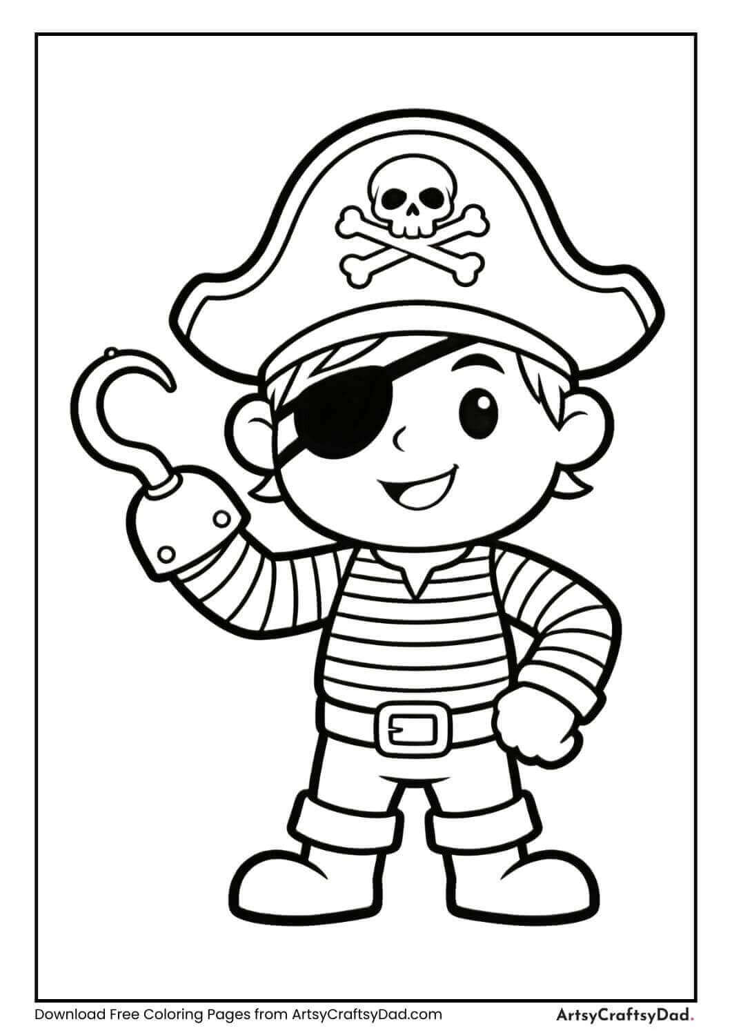 Friendly pirate with hook hand and striped shirt coloring page