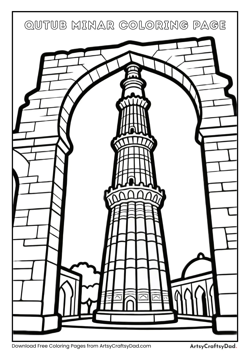 Qutub Minar black and white coloring page for children