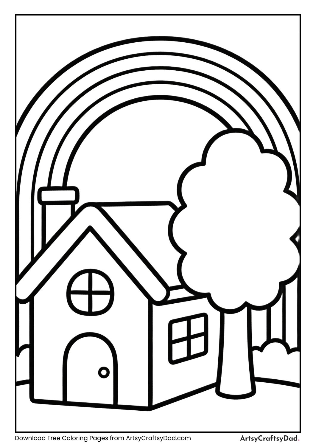 Rainbow over house and tree black and white coloring page