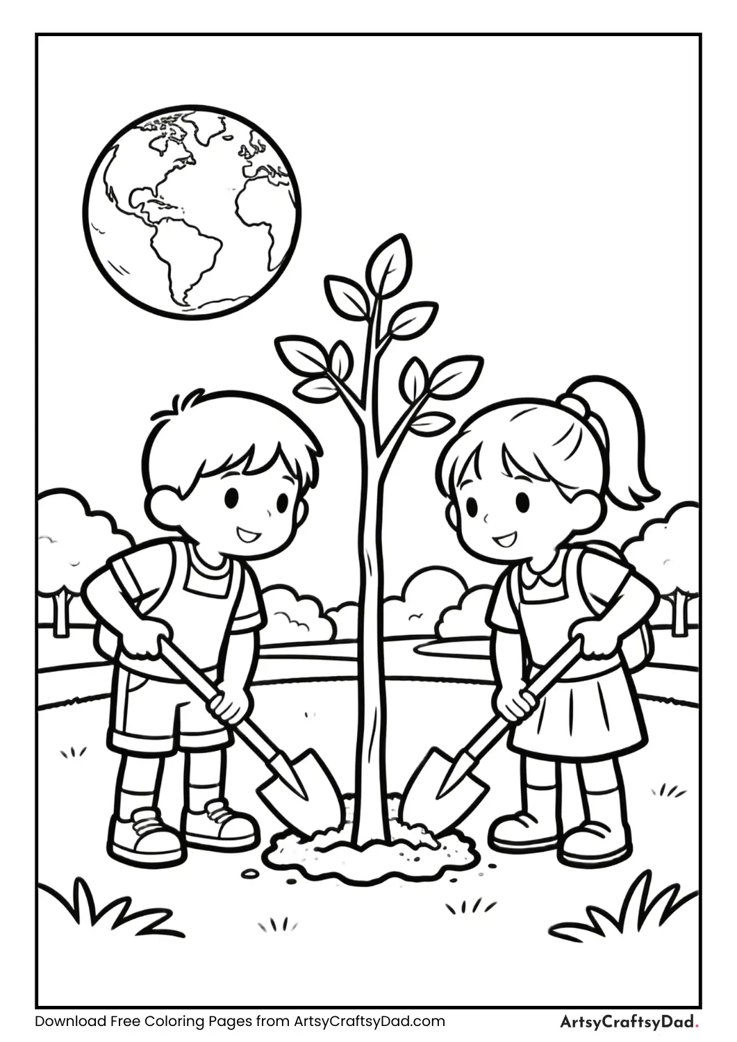 Kids cleaning a park with Earth in the background coloring page