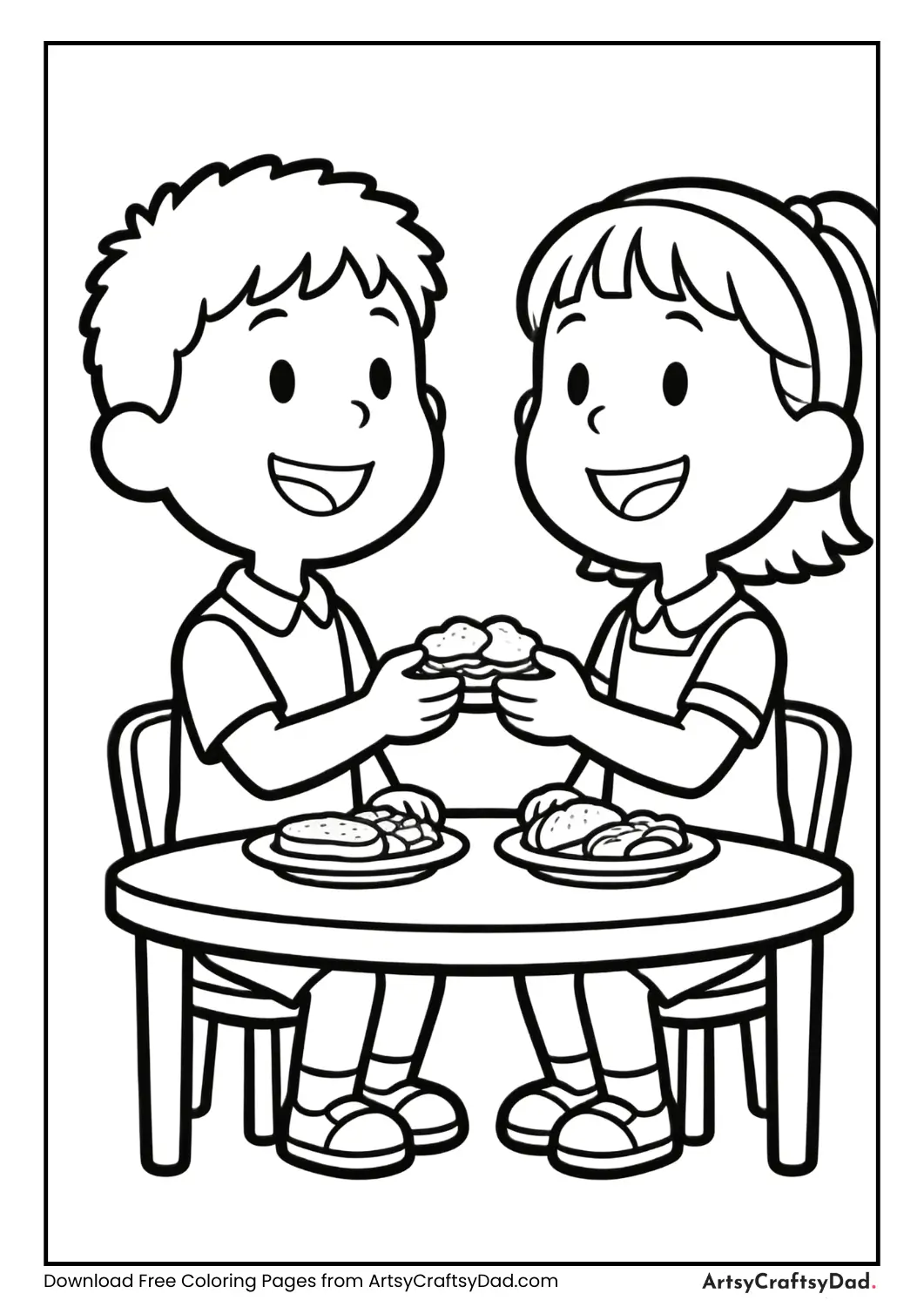 Children sharing food politely coloring page