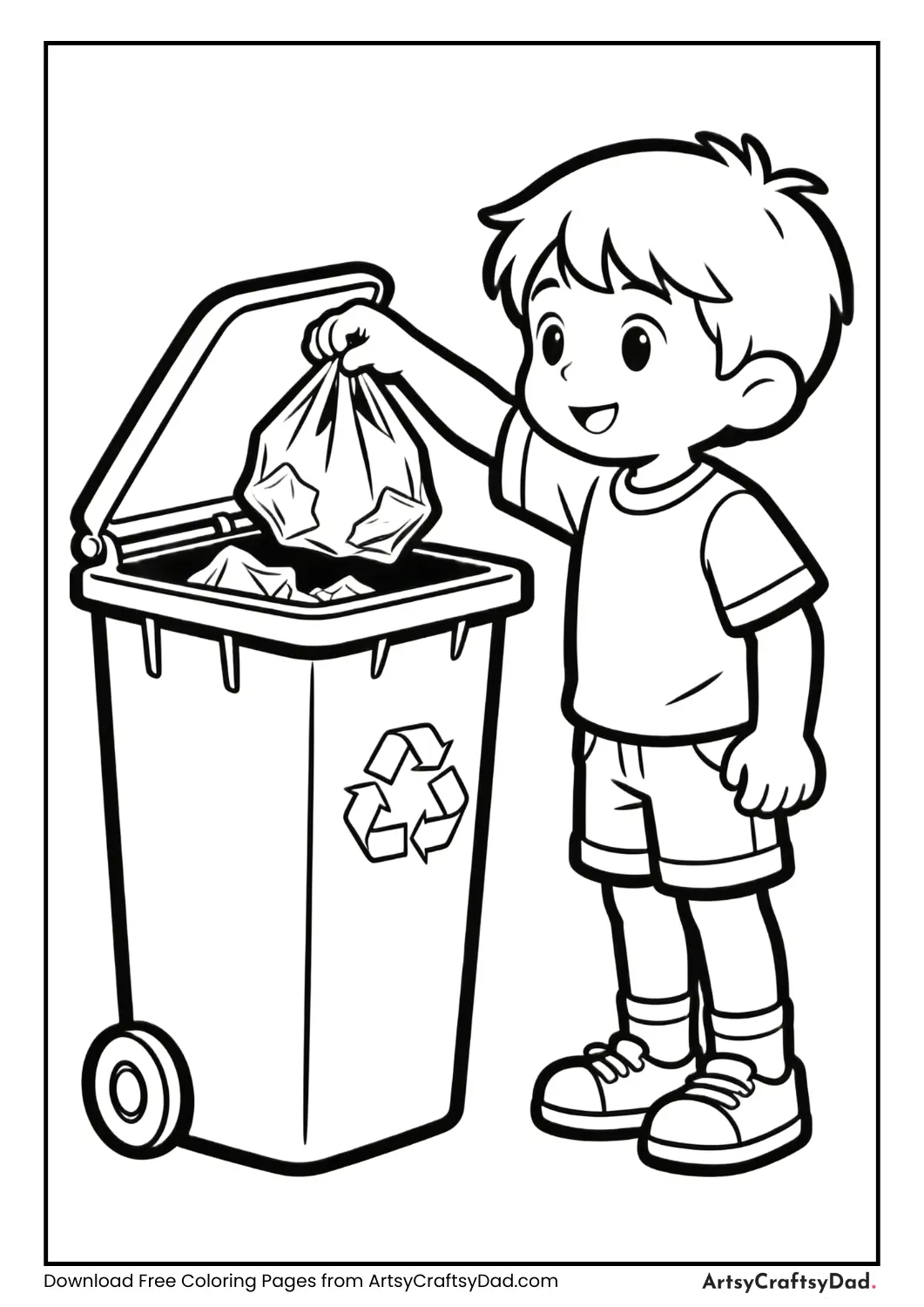 Child using dustbin cleanliness habit coloring page