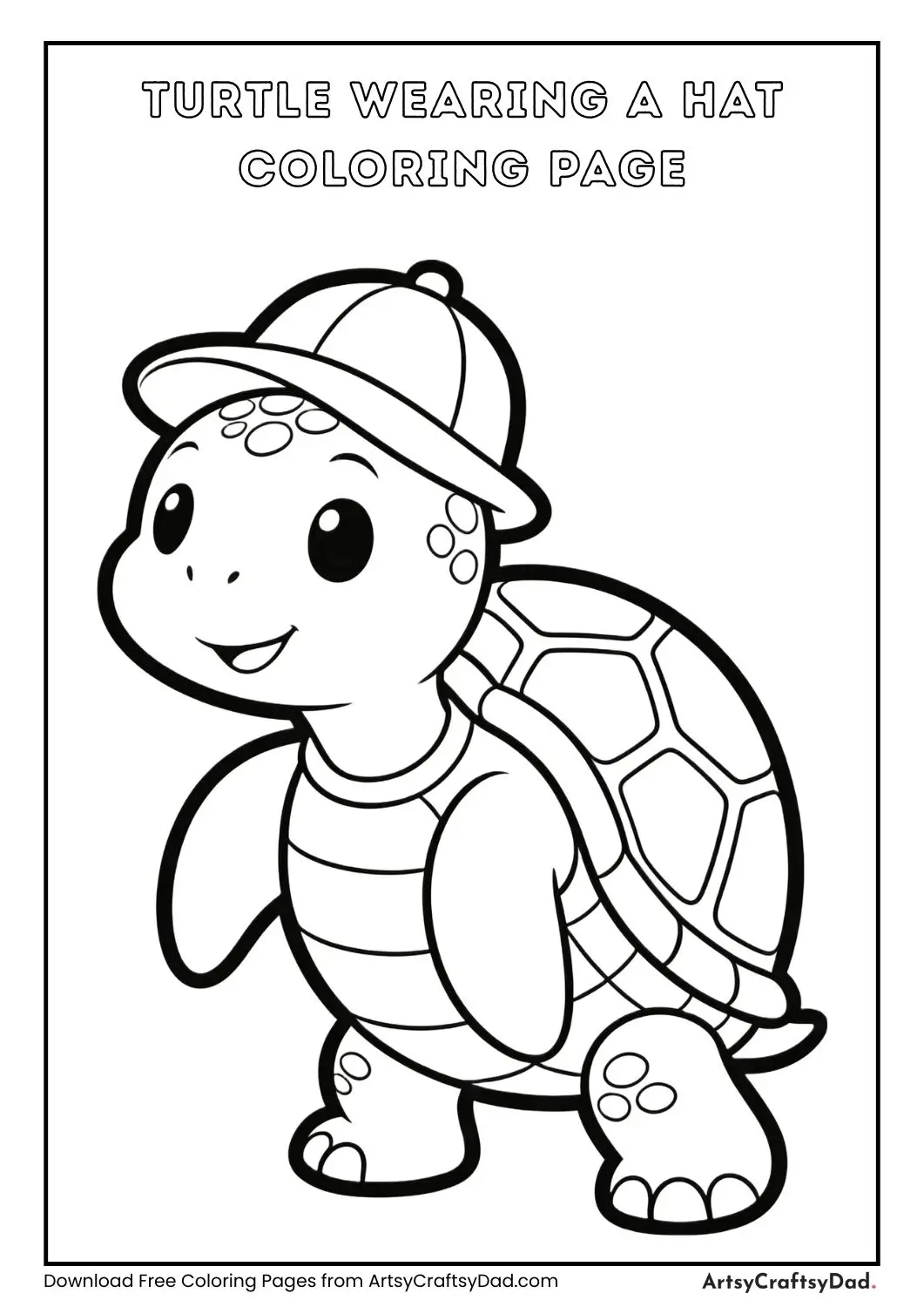 Cute turtle wearing a hat black and white coloring page