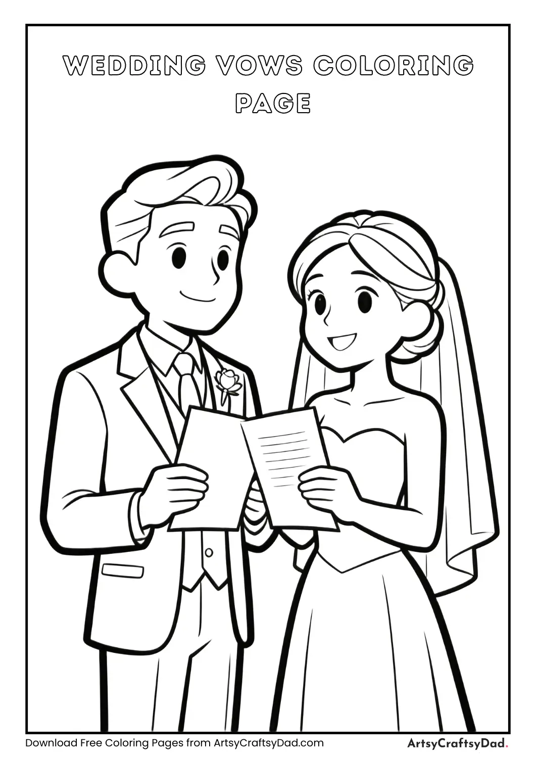 Bride and groom reading wedding vows coloring page