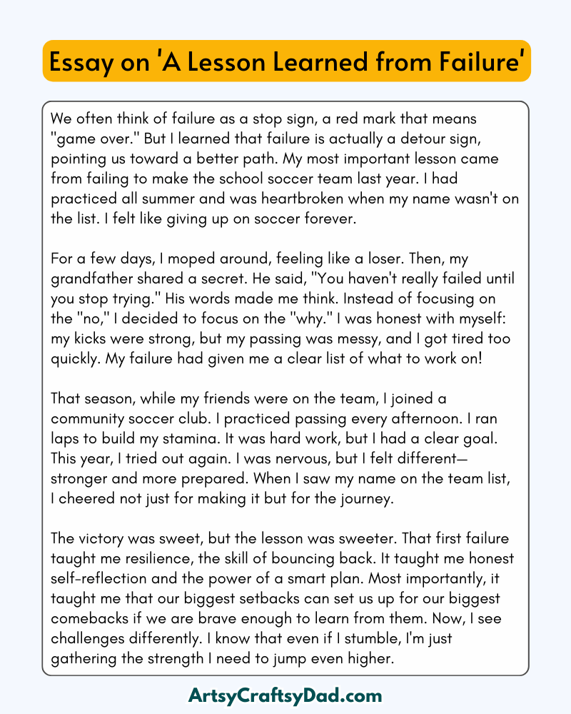 'A Lesson Learned from Failure' - 300 Words  Essay for Grade 9 Students