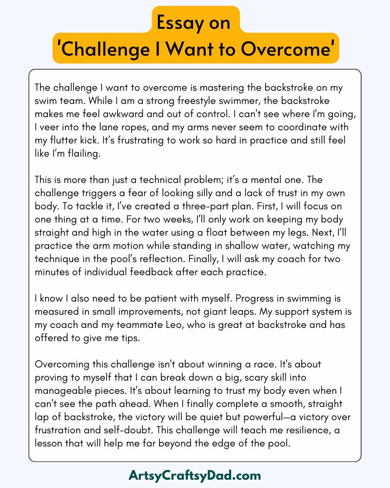 'A Challenge I Want to Overcome' - 300 Words  Essay for Grades 9 to 10 Students